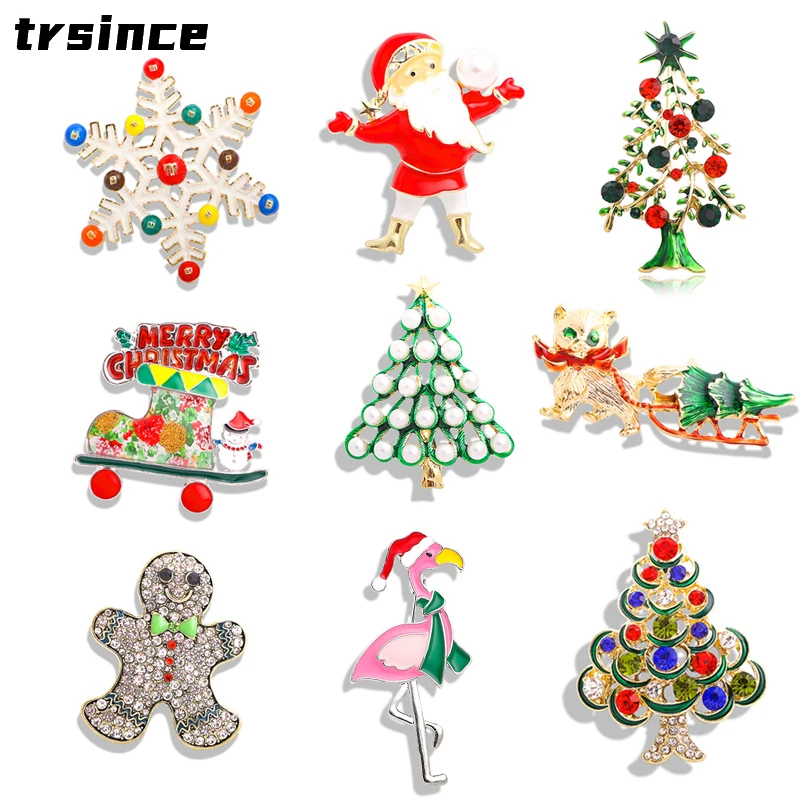 New Year Enamel Santa Flamingo Christmas Tree Snowman Brooch Pins Women Christmas Cartoon Wreath Brooch Fashion Jewelry Gift