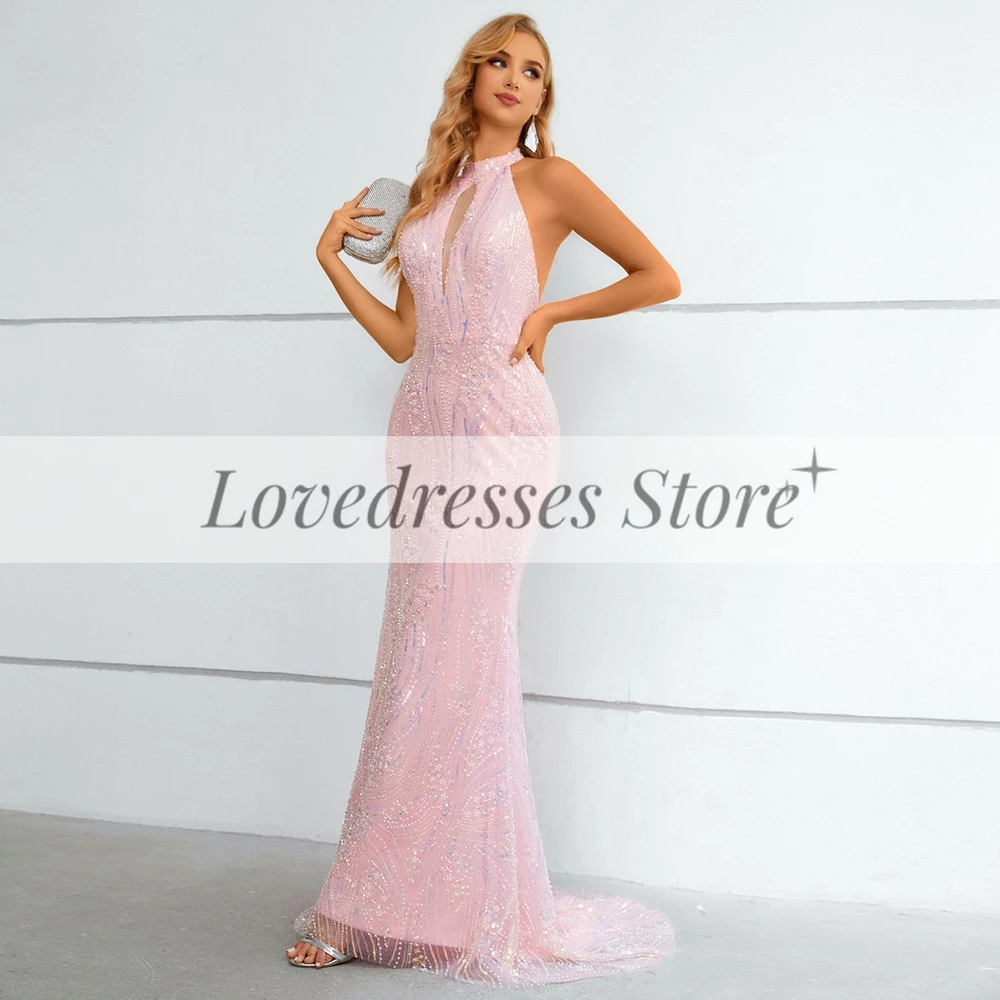 Customized Exquisite Pink Mermiad Backless Evening Party Dress with Beading Sequins Floor Length Sleeveless Lace Prom Gowns Robe