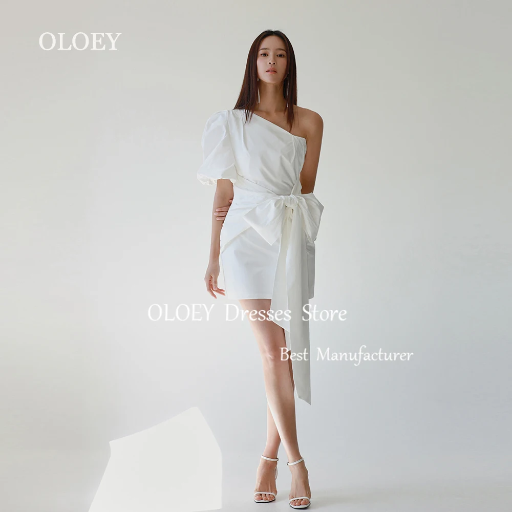 OLOEY Simple Ivory Mini Wedding Dress Korea Photoshoot One Shoulder A Line Short Bridal Gown Pleats Satin Formal Prom Dress