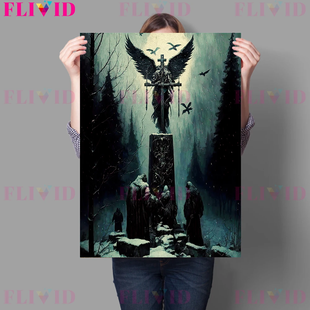 A Eerie And Mysterious Church Vintage Wall Art Canvas Print Statues Of Fallen Angels And Crosses In Cemeteries Art Psoter Print