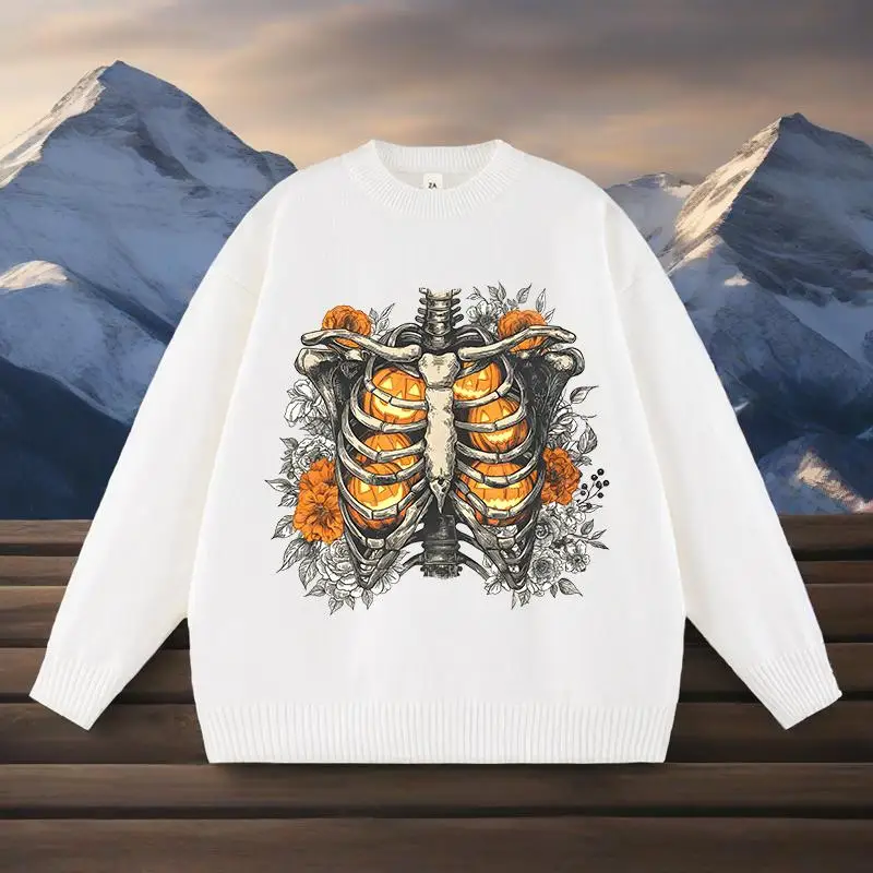 

Модный осенне-зимний свитер с круглым вырезом, вязаный Harajuku, свободные топы в стиле хип-хоп с длинными рукавами, готический креативный пуловер с принтом черепа