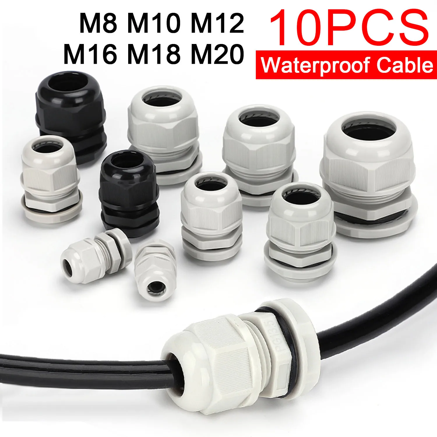 10pcs Waterproof Cable Gland Black Plastic Seal Joint Nylon M8 M10 M12 M16 M20 M25 M32 IP68 White Cable Fixing Nylon Connector