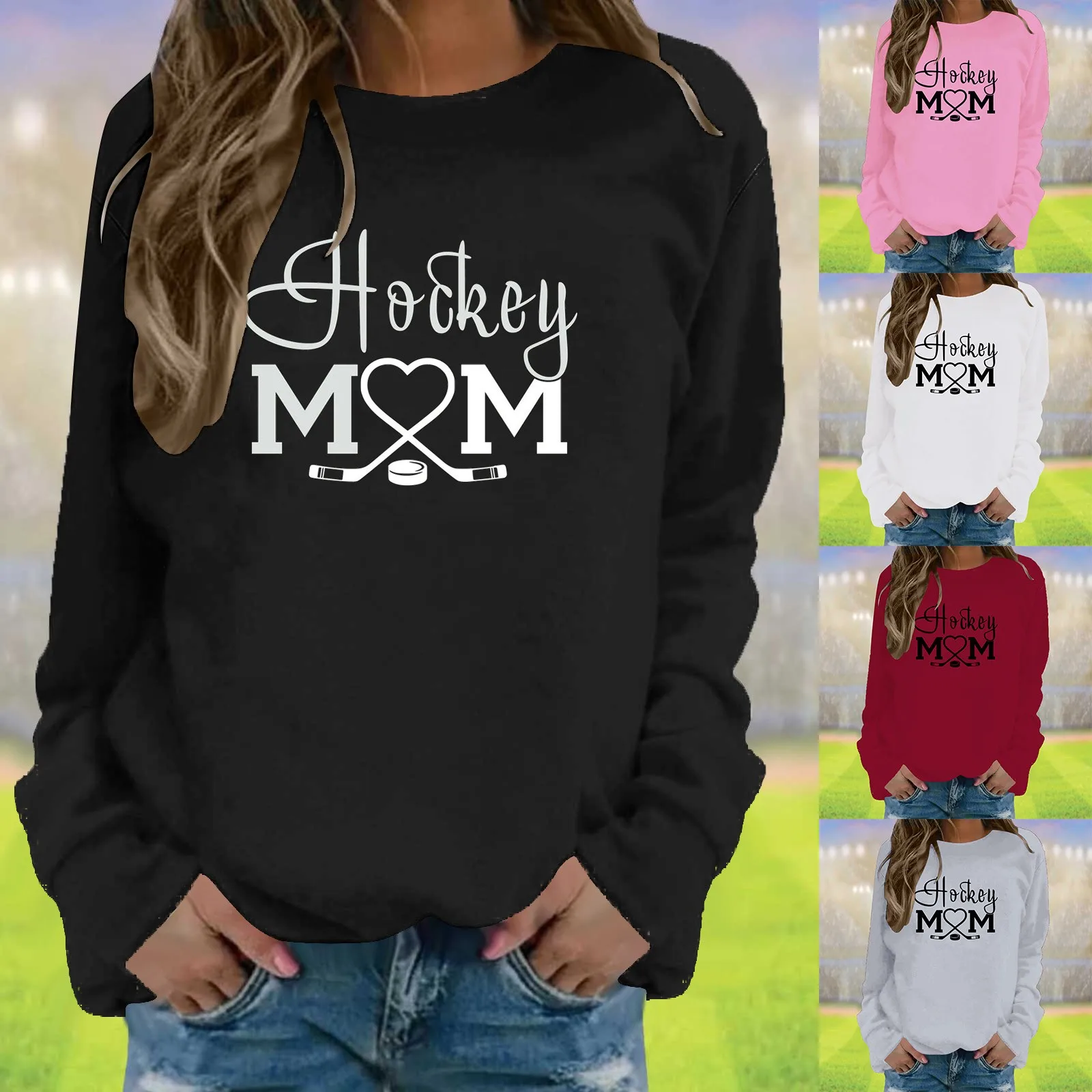 

Women's Hockey Mom Printed Pullover Female Cute Long Sleeves Sweatshirt Harajuku Hoodless Loose 2024 New Sweatshirt худи