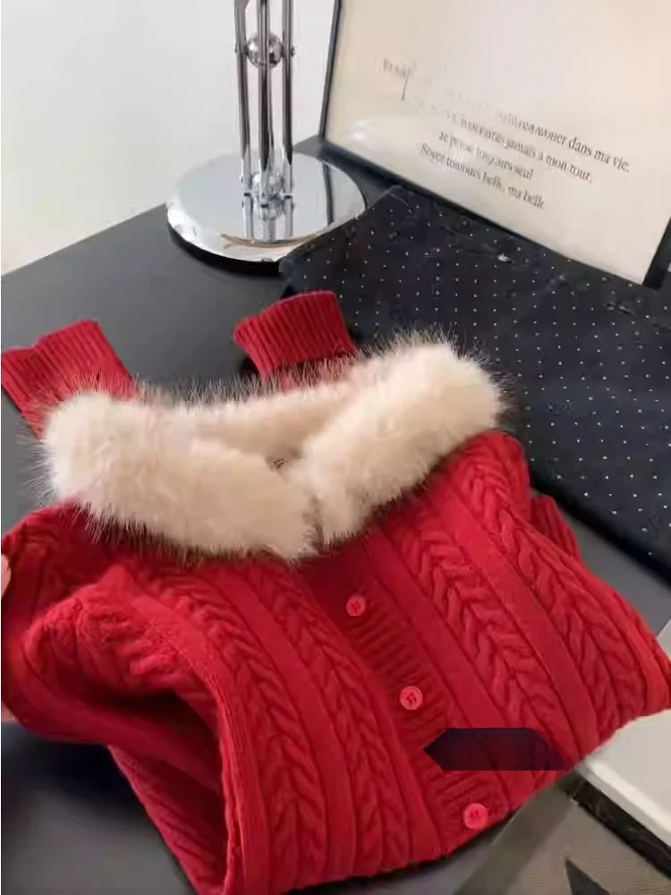 

Thiened Red Knitted Sweater Women's Winter Warmable Detachable Fur Collar Casual Sle Mid-thi Long Sve round Ne Top