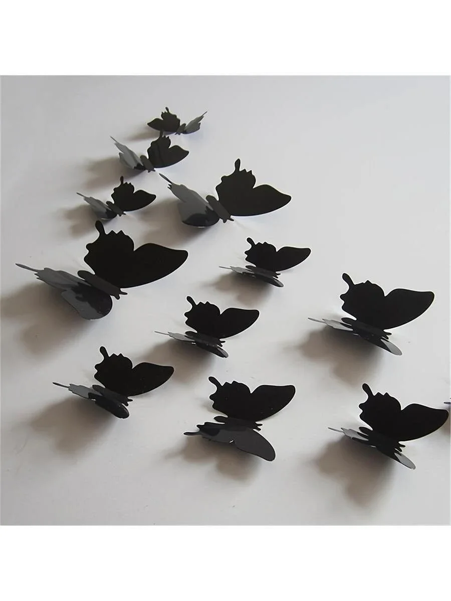 12pcs 3d Black  Shaped Wall Stickers, Festive Living Room Decoration