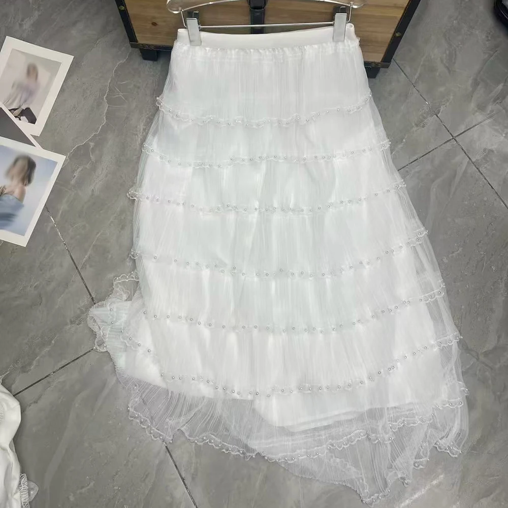 TWOTWINSTYLE Sweet White Tiered Tulle Midi Skirt for Women High Waist Rhinestone Embellishment for Birthday Parties KSK558554