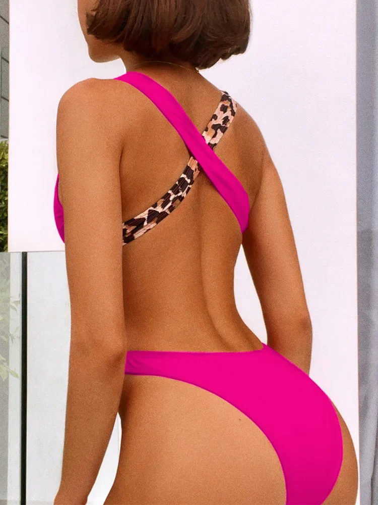 Leopard Splicing Tummy Cut Out One Piece Swimsuit Women Swimwear Female Cross Backless Monokini High Cut Bathing Suit Swim Lady