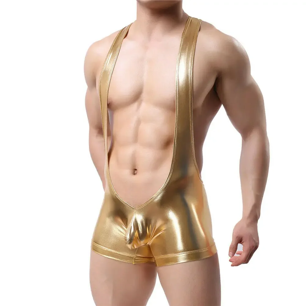 Sexy Men Undershirts Gold Faux Leather PU Wrestling Singlet Boxer Short Jumpsuit Suspender Teddies Underwear One-Piece Bodysuits