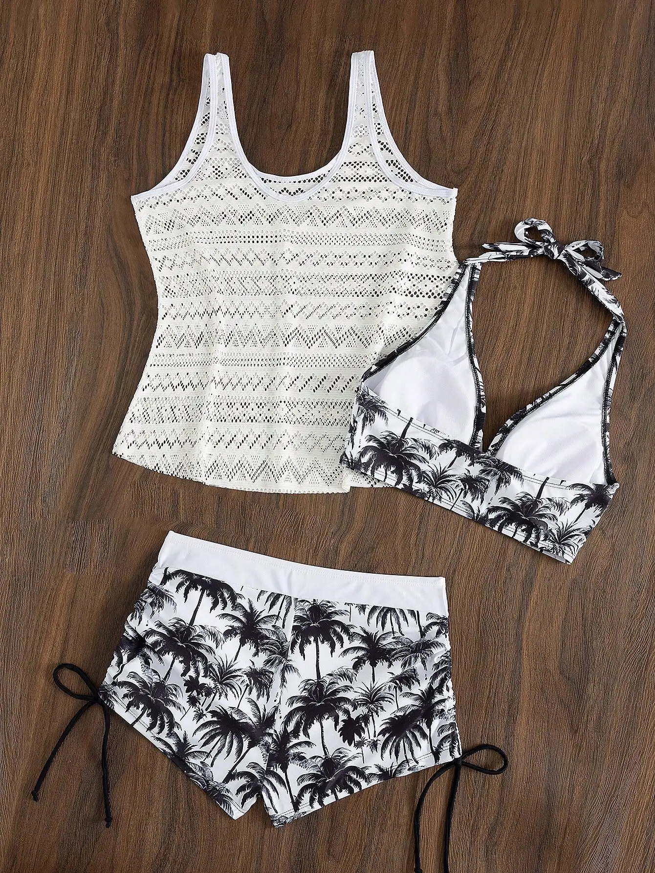 

Deep V Palm Tree Print Shorts Bikini Set With Hollow Out Cover Up 3 Piece Beach Outfit For Women