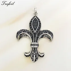 Pendant Fleur-de-lis Lily CZ Black Zirconia 925 Sterling Silver Fine Jewelry Fit Necklace Vintage Badge Gift For Men Woman