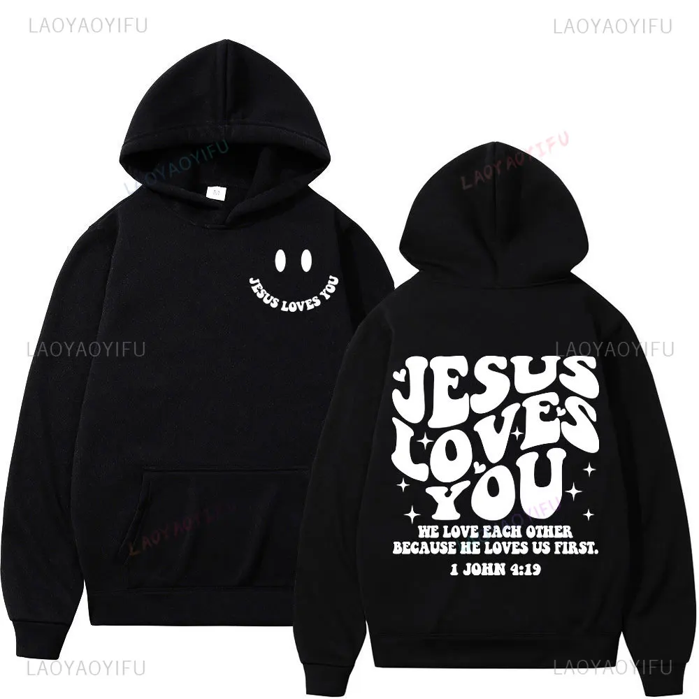 

Jesus Loves You Double sided Hoodie High Street Fashion Large Pullover Men's and Women's Retro Hoodie