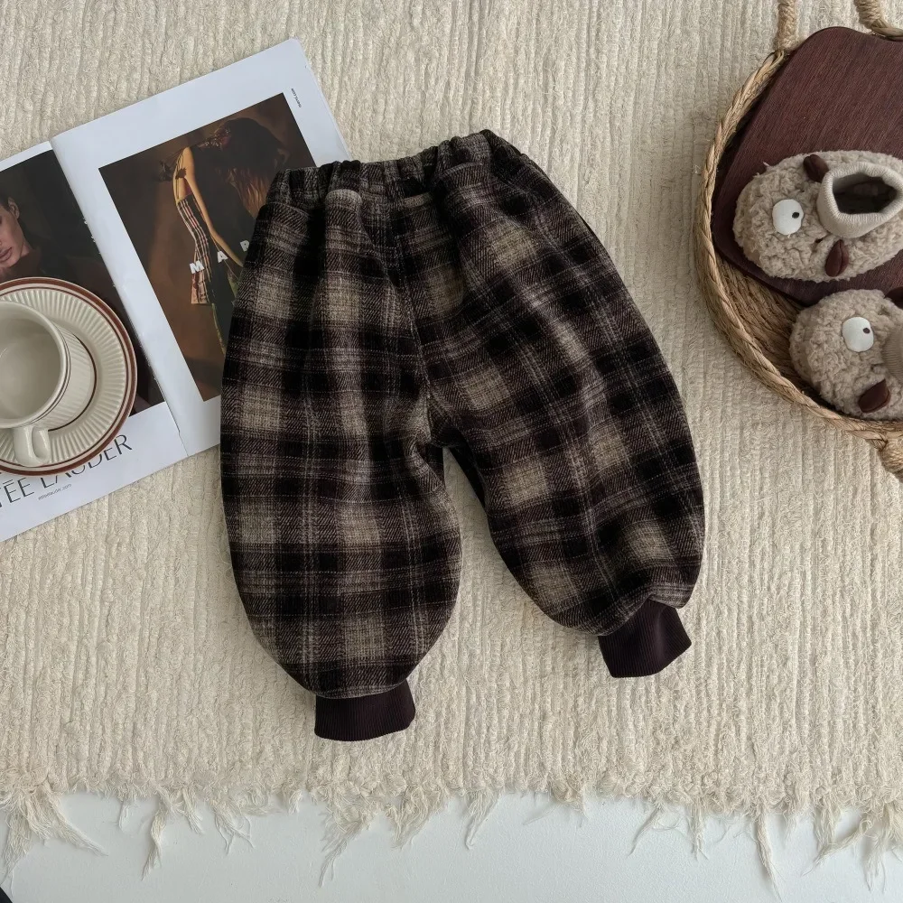 2024 Winter New in Kids Baby Boys Thicken Velveteen Outfits , Toddler Infant Plaid Keep Warm Harem Pants 3M-3Y