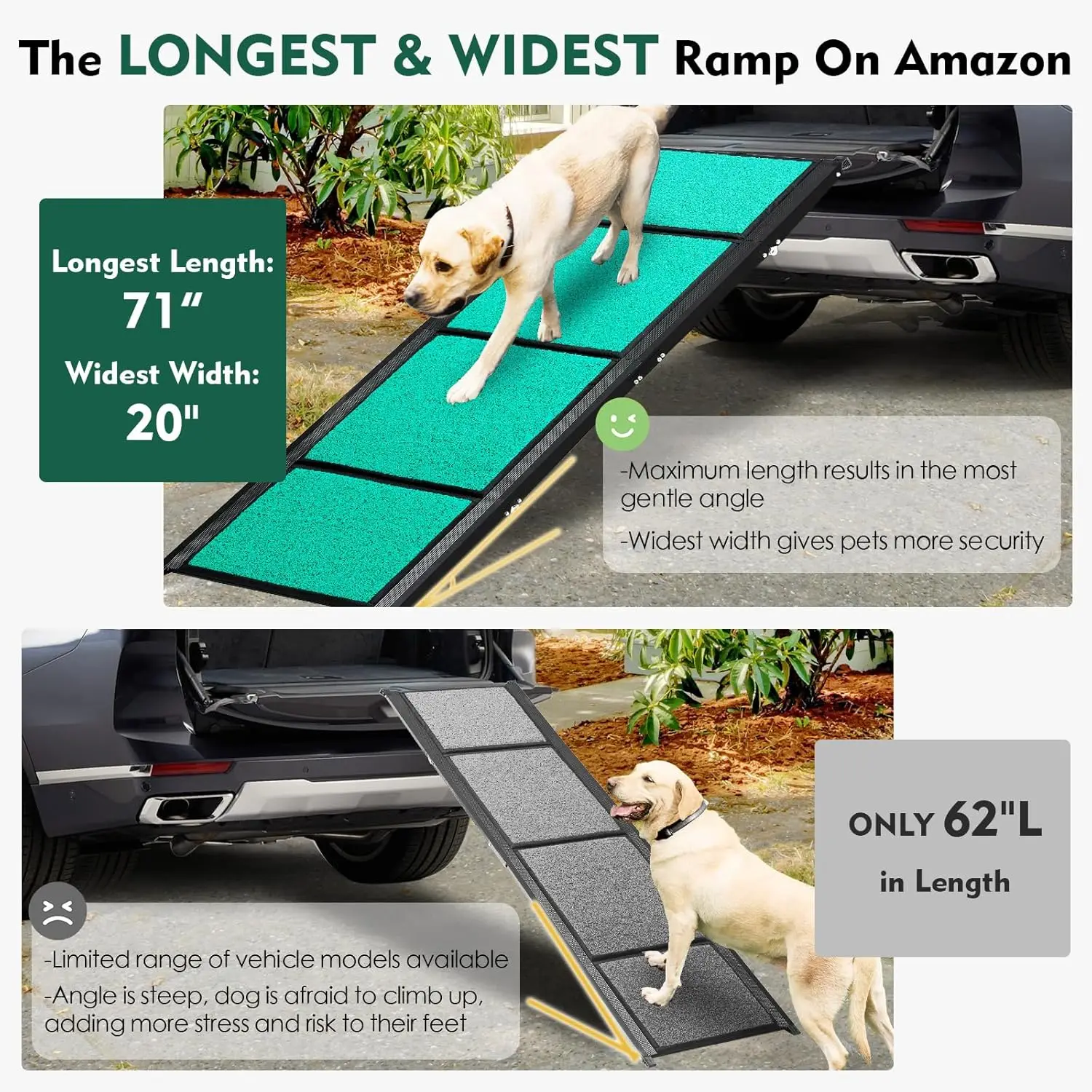 Rampa de carro para cães grandes de até 250 libras, superfície dobrável e antiderrapante, ideal para carros, SUVs, caminhões e degraus ao ar livre