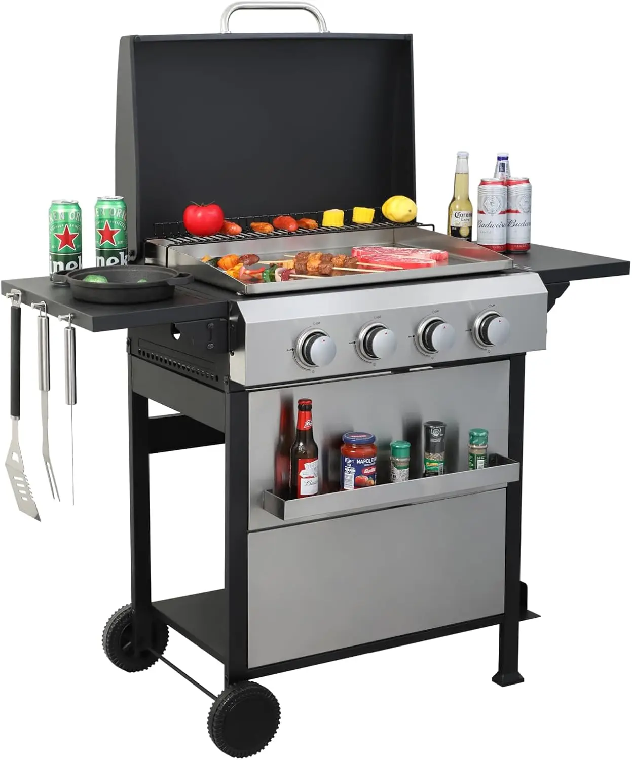 

4-Burner Propane Gas BBQ Grill with Wire Enamel Cooking Grids&Plancha, 49,200 BTU Output Stainless Steel Grill with Foldable Sid