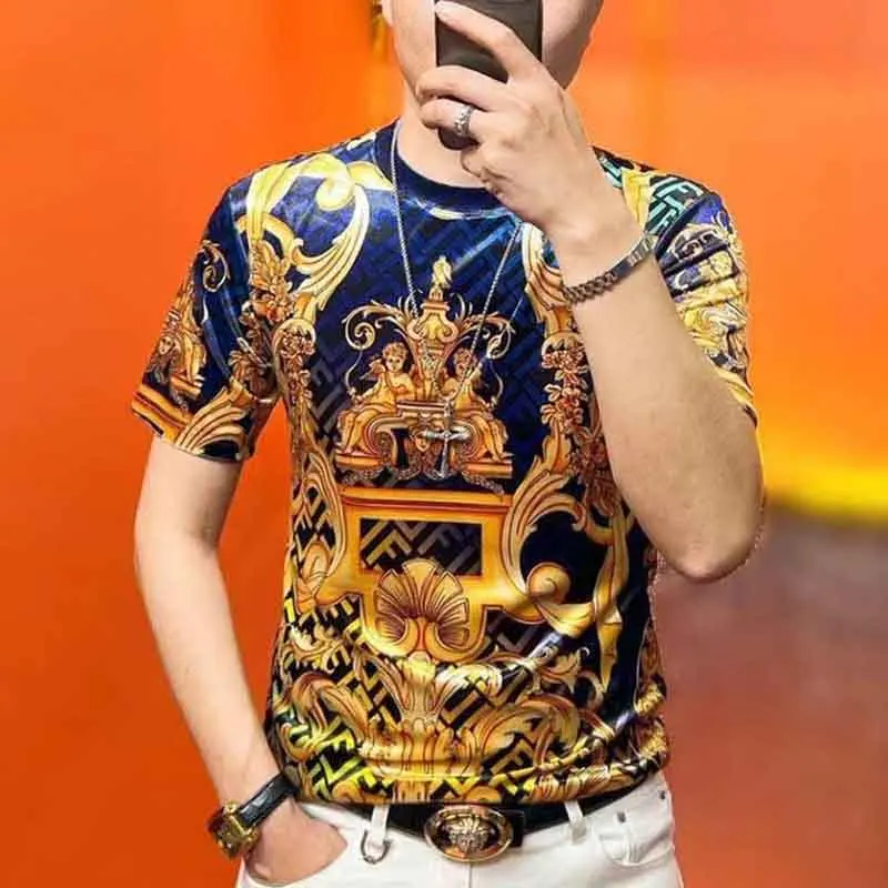 High Quality 2024 Summer New Trend Light Luxury Fashion Short Sleeve Slim Foreign Style Men\'s T-Shirt Half Sleeve