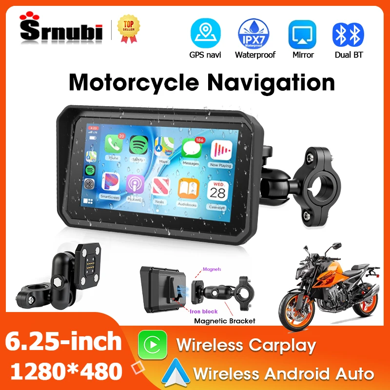 Srnubi 6.25" Motorcycle Multimedia Player with Carplay Android Auto GPS Navigation Bluetooth Monitor Magnetic Mount for Motobike