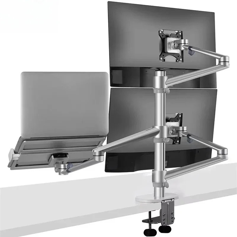 Aluminum dual-monitor arm desktop-mount laptop tray holder for 32-inch screens and 17-inch PCs