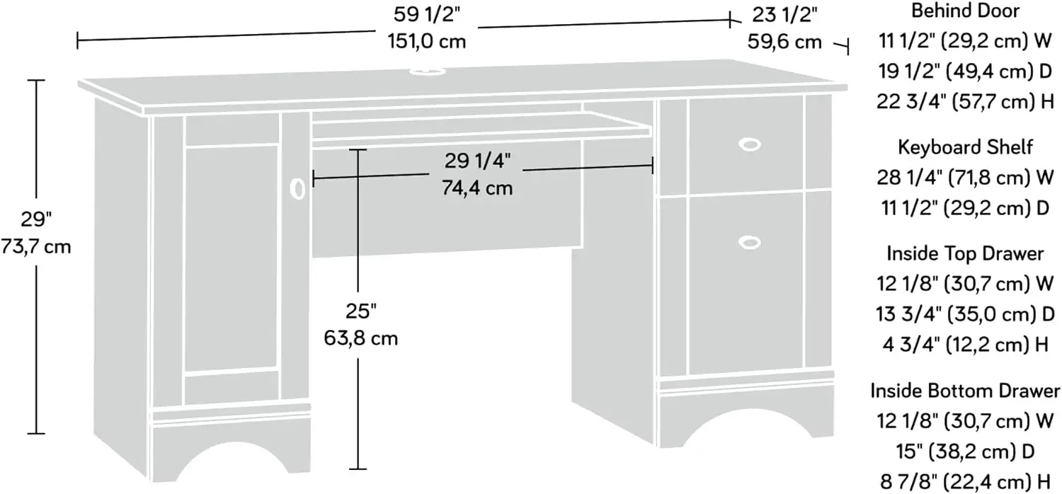 Bureau d'ordinateur avec égouts de proximité, L: 59.45 "x L: 23.47" x H: 29.02 ", Chêne bois, Divers