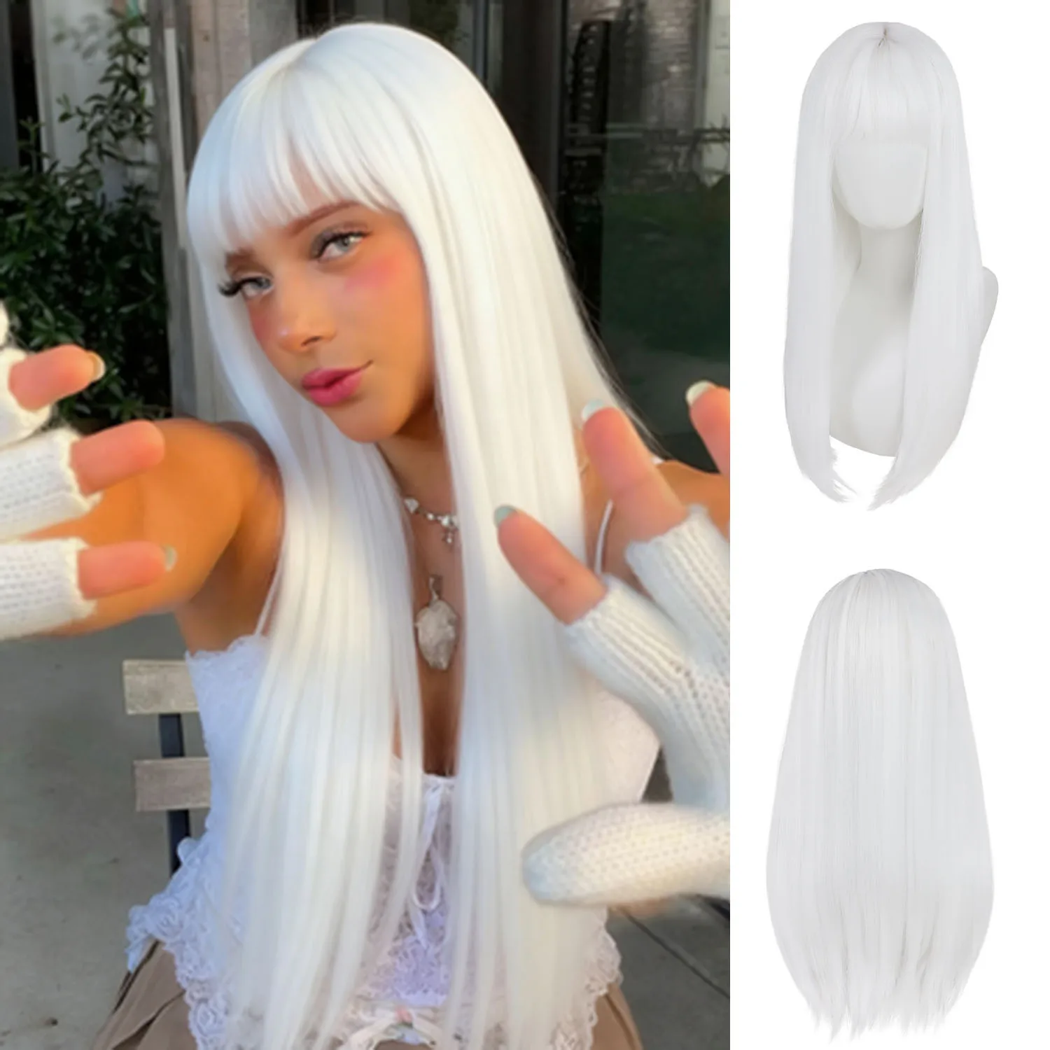 

Длинный белый прямой парик из синтетических волос для женщин, парик для косплея с челкой, термостойкие парики, повседневная вечеринка, Рождество, Drag Queen