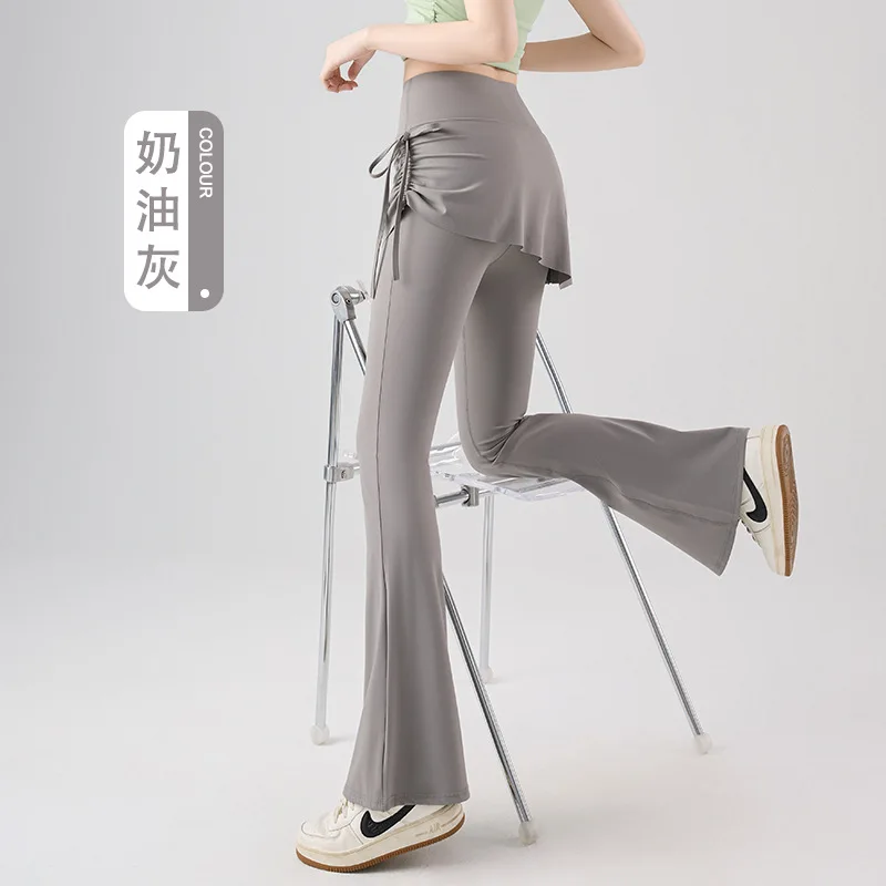 High-Waisted Flared Women Yoga Pants with Two-in-One Skirt Overlay Tassel Details Fitness Base Layer Casual Outdoor Yoga Pants