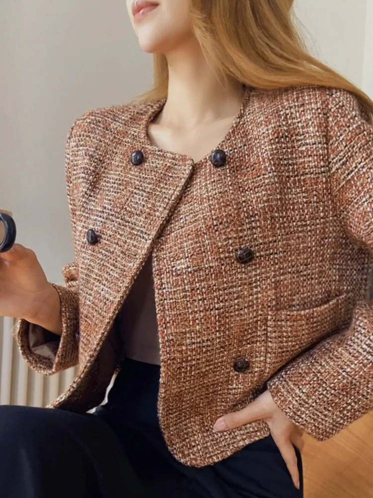 Dabuwawa Double Breasted Tweed Coat Vintage Women 2023 New Collection O Neck Jacket Light Weight Fancy Suiting DM1COT019