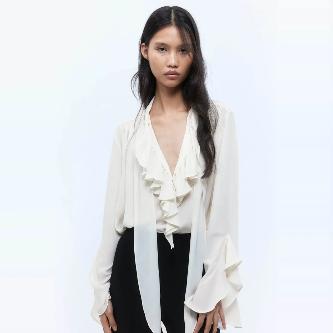 

ZBZR Spring New Faion Casual Women's irt Loose Fit Polyester Fabric Long Sve Bell Sve Gathered Netie Design