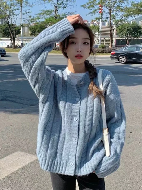 

Свободный синий женский вязаный кардиган на весну-осень-зиму, новинка, винтажный стиль, нежный узор, верхняя одежда, пальто