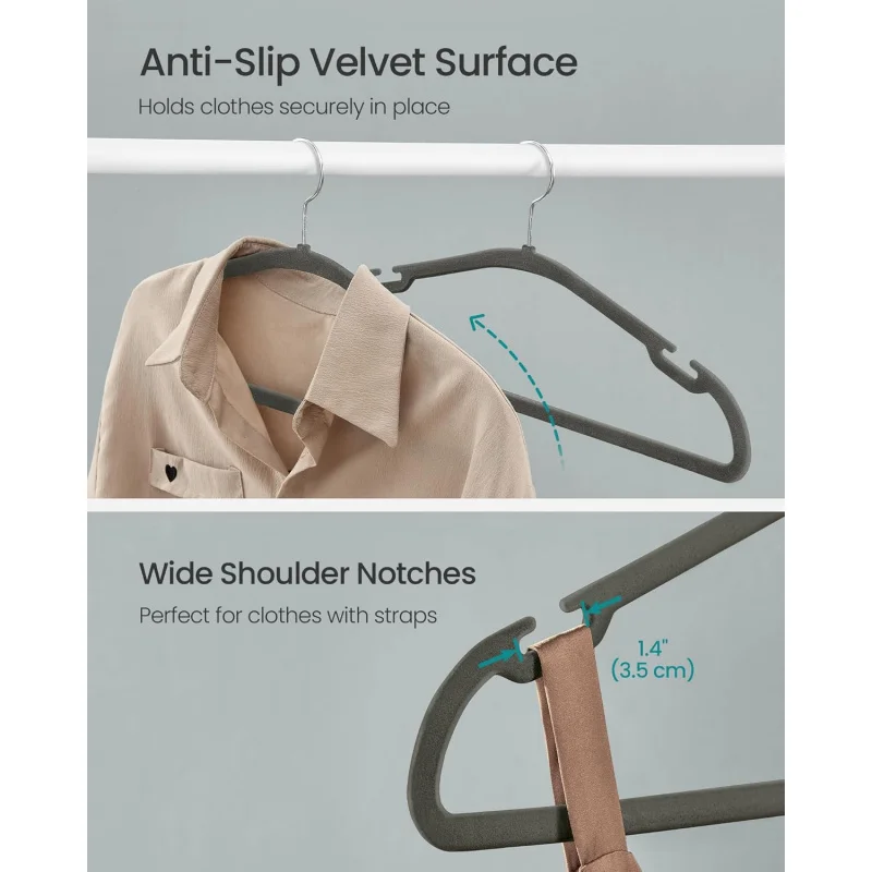 Cabides de veludo 50, cabides antiderrapantes, 17 x 8,3 polegadas, cabides com entalhes de ombros largos, barra de calças, 360 °     S