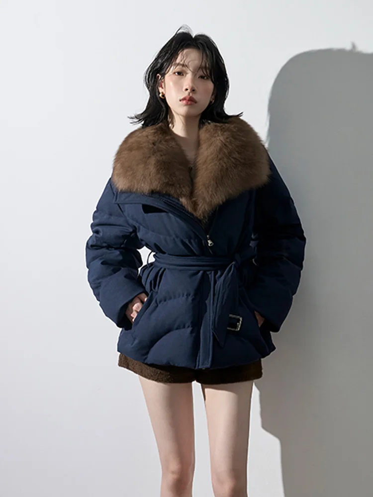 Parka à col en fourrure de renard naturelle pour femme, veste bouffante de luxe avec ceinture, doudoune d'hiver en duvet d'oie, vêtements décontractés, nouvelle mode