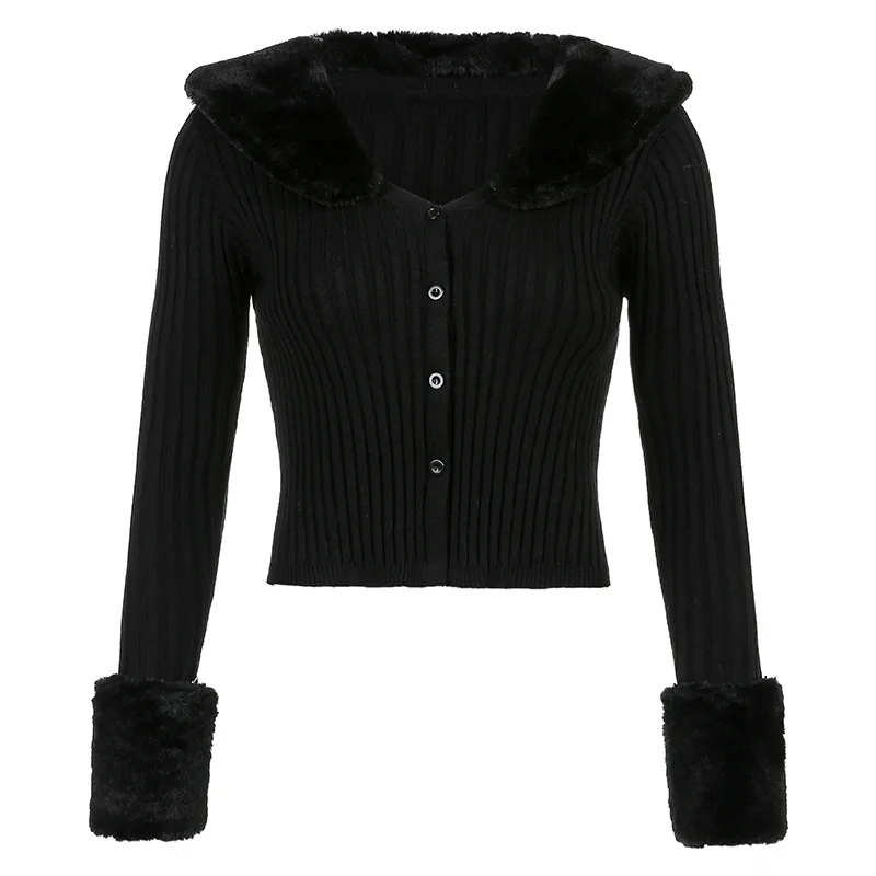 Autumn Winter Ribbed Knitted Cardigans Sweaters with Fur Trim Collar Long Sleeve Slim Jumpers Women Knitwear Lady Chic Sweaters