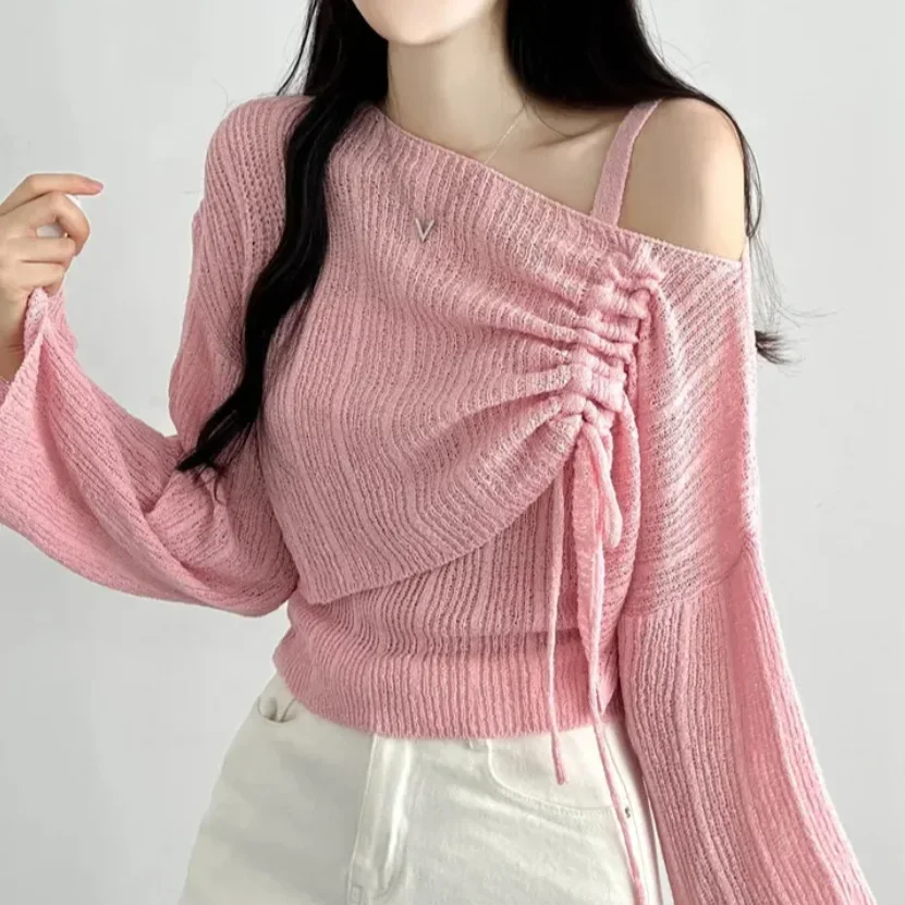 Women Inner wear Chic Temperament Versitile Fashion Slim fit Top + Drawstring Knit Cover up Two Sets