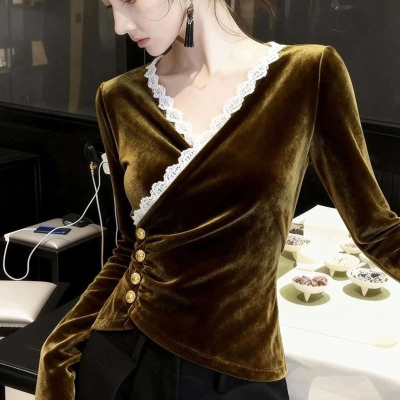 

2025 Spring Fall Women Full Sleeve V Neck Lace Patchwork Irregular Velvet Top Shirt , Woman Clothing Slim Velour Tops Shirts