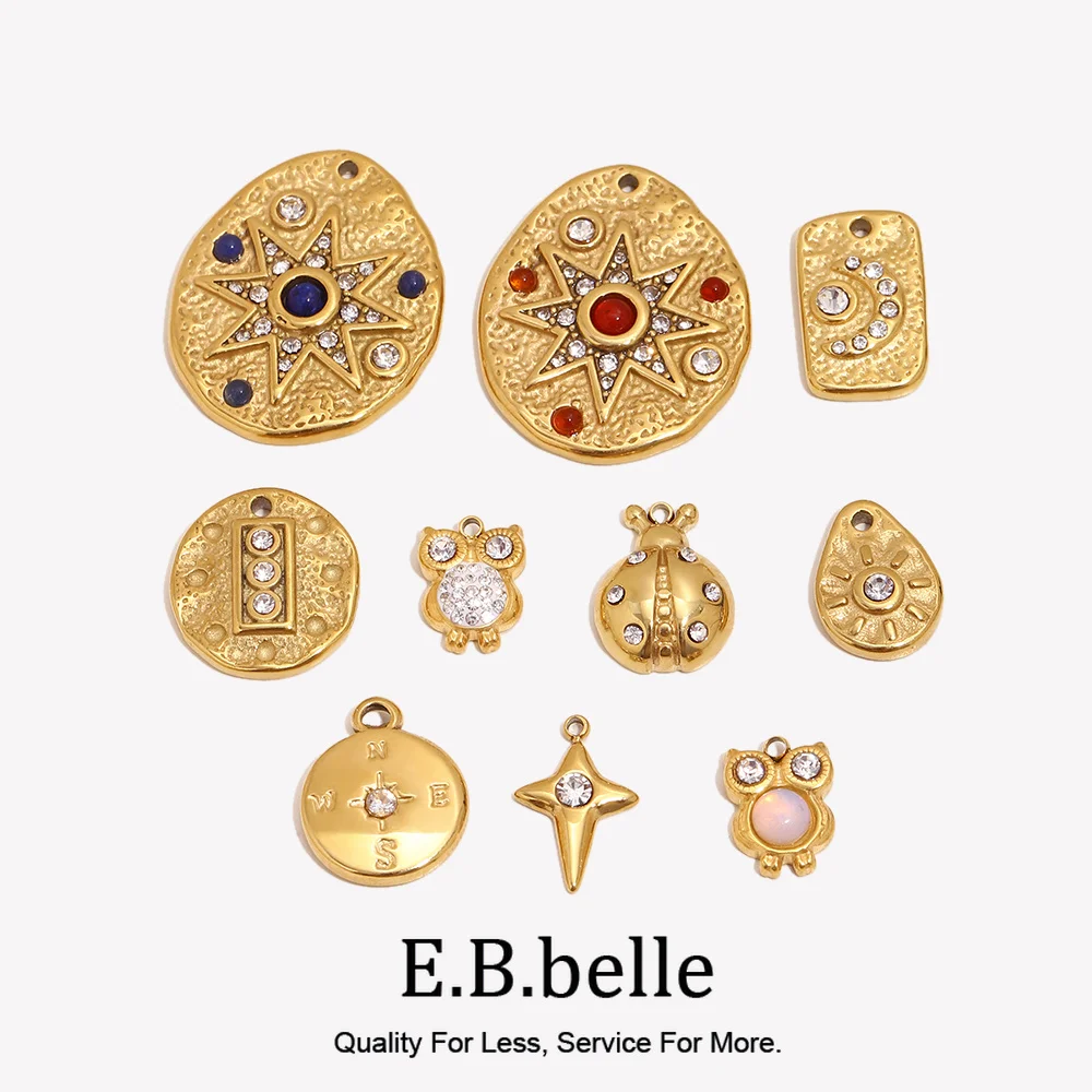 E.B.belle CZ Stern Mond Eule Marienkäfer Kompass Anhänger Charms 18K Vergoldete Edelstahl Halskette Charm DIY Schmuckzubehör