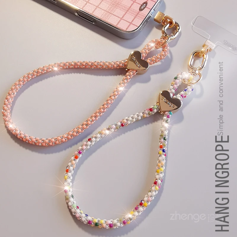 Full Rhinestone Metal Heart Short Phone Lanyard, Colorful Shiny Rhinestone Portable Anti-lost Chain