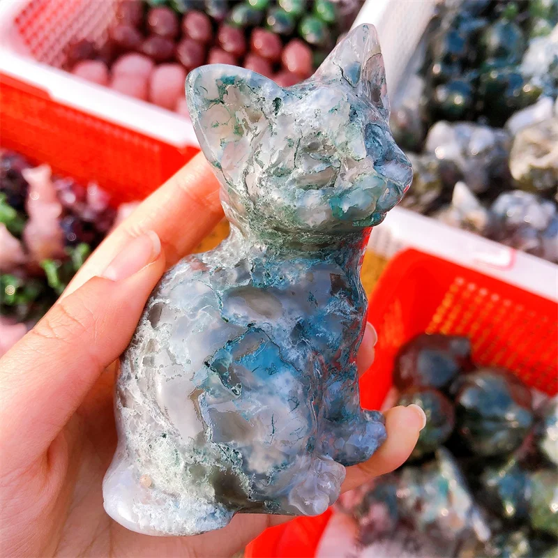 Natural Moss Agate Cartoon Cat Carving For Women Exquisite Gifts Healing Fengshui Stone Couples Jewelry 1PCS