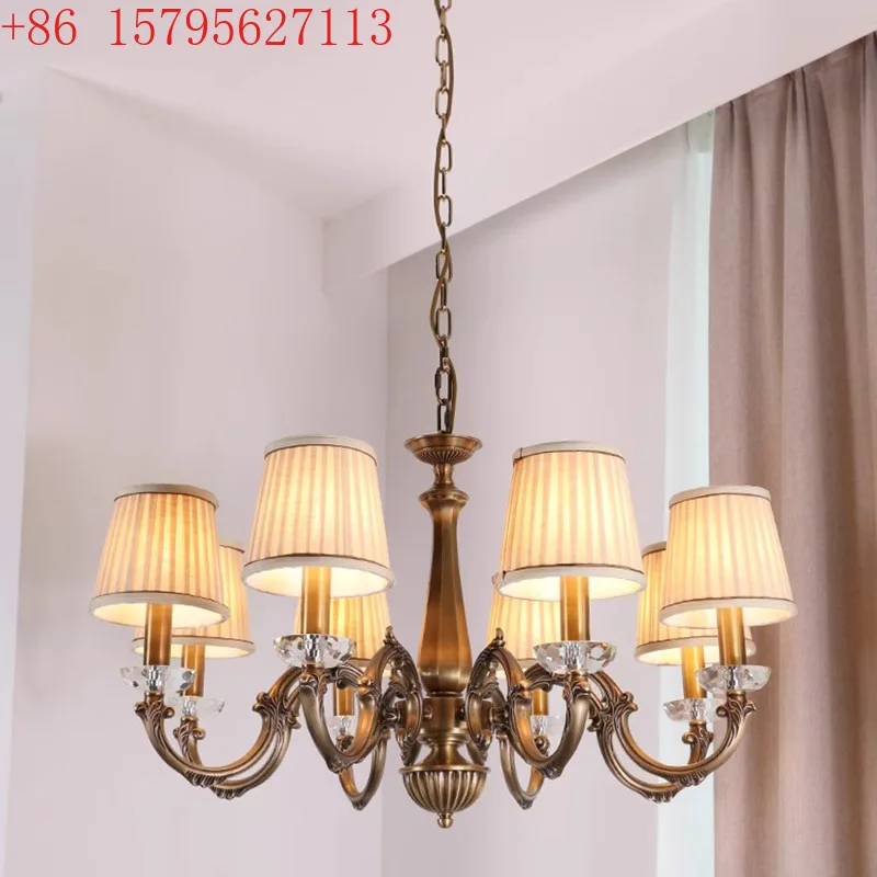 

American bronze living room crystal chandelier retro simple atmosphere, villa duplex building all copper chandelier