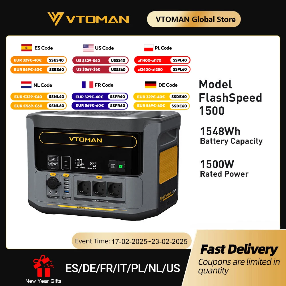 VTOMAN FlashSpeed 1500 Centrale elettrica portatile Batteria LiFePO4 da 1548 Wh con picco da 3000 W