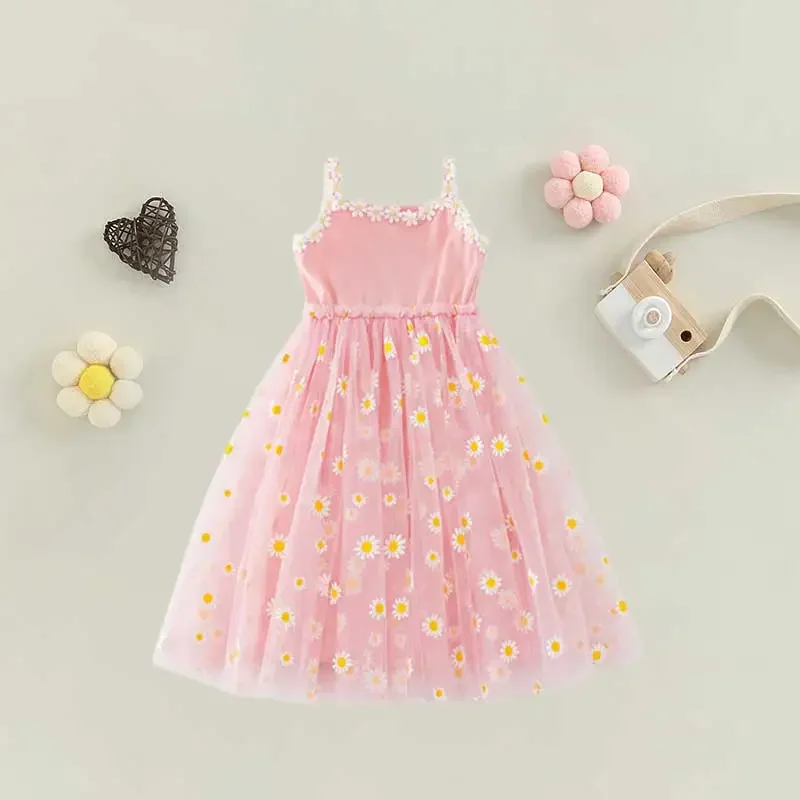Zomer Schattige Daisy Prinses Kid Baby Meisjes Jurk Baby Gezwollen Mouwloze Bloemen Tule Jurk Verjaardagsfeest Sweet Vestido Kleding