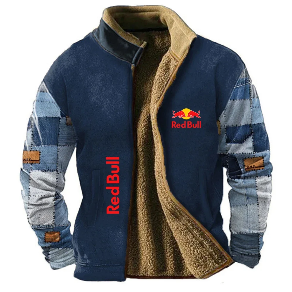 

Autumn and winter outdoor Red Bull fur lined men's outerwear, men's warm jacket, inner lining, loose zipper cardigan, hoodie, co