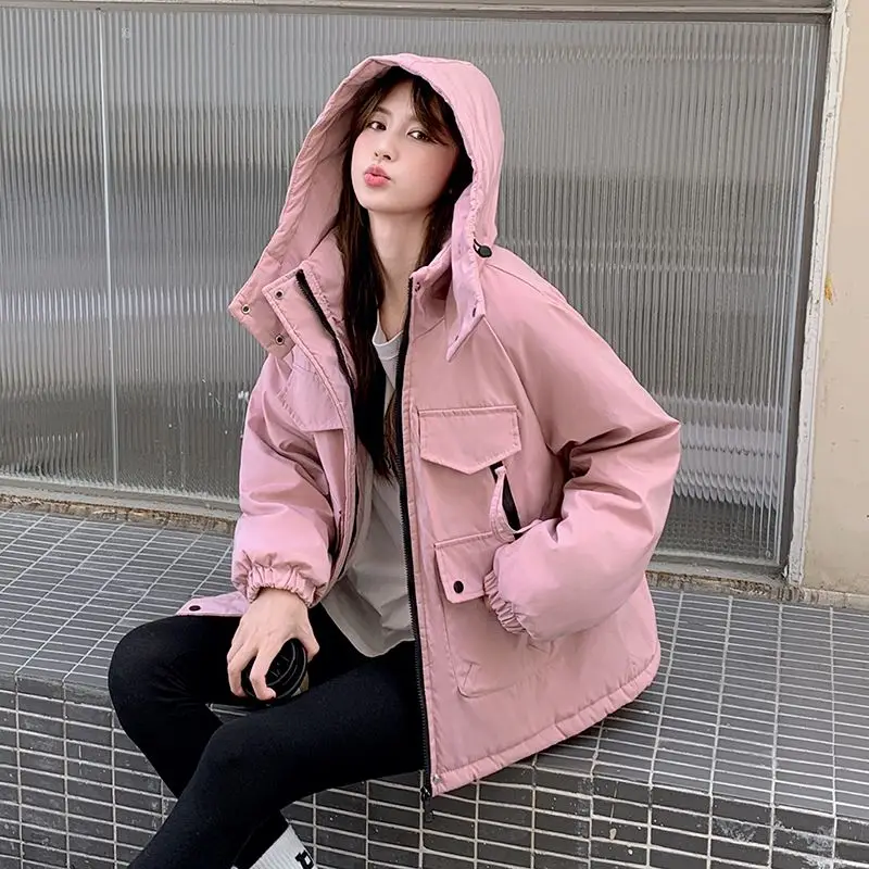 

Korean Trendy Loose Parka Coat for Women 2025 Winter Jacket with Hooded Fleece Lined Fashion Style Short Cotton Coat