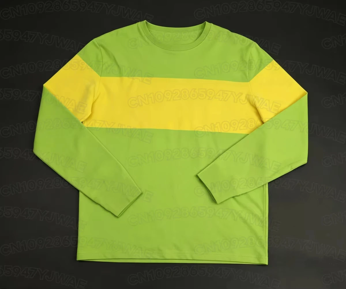 Men's Women's Long Sleeve Fashion Green Yellow Striped Pullover  Deltarune Kris Cosplay T-shirt Tops