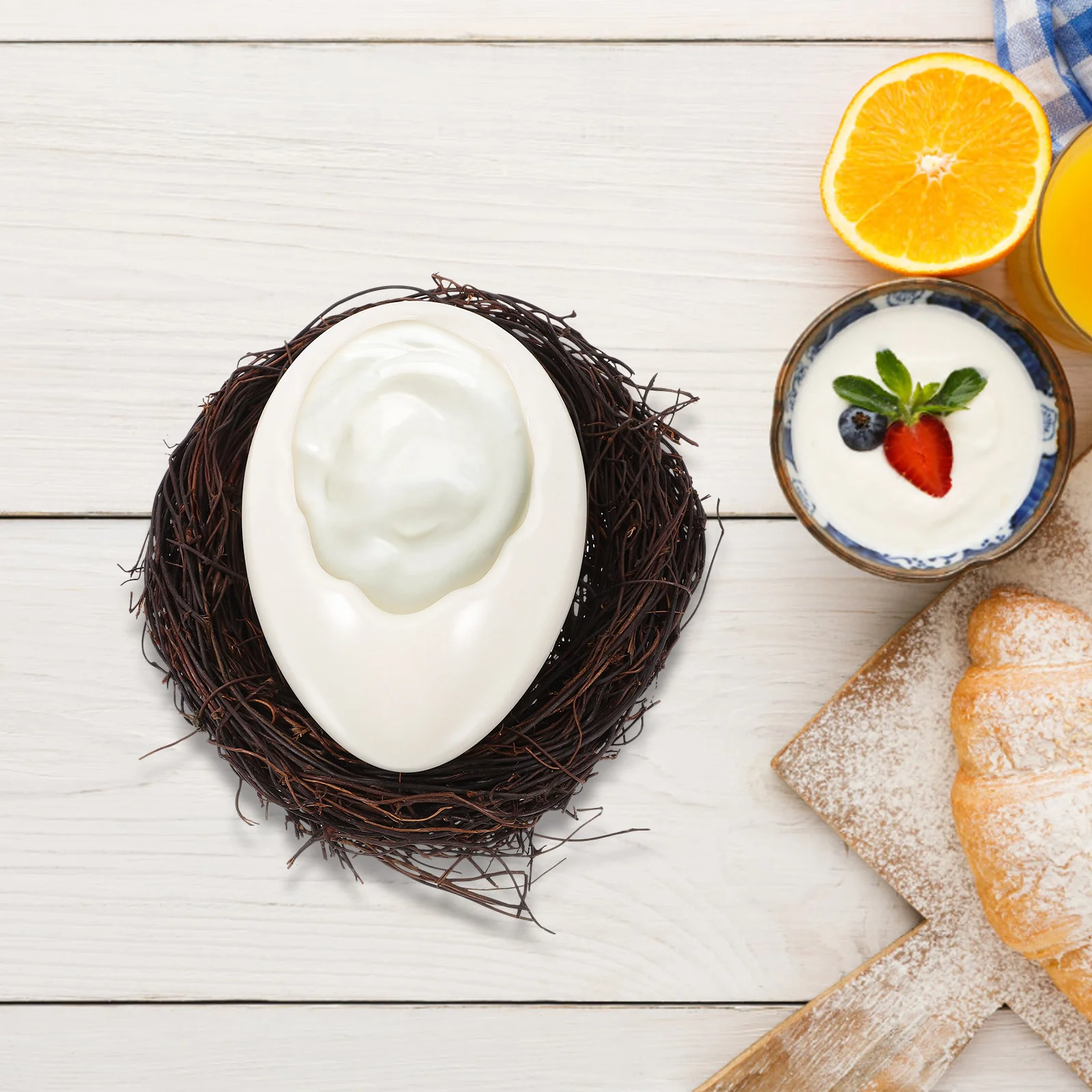 

Eggshell Shape Ceramic Dessert Bowl Handwoven Rattan Nest Creative Tableware Food Serving Tray Safe Material Round Surface
