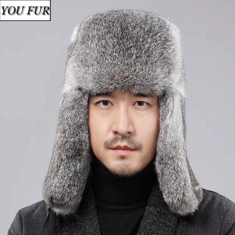 

Rabbit Fur Cap Man Winter Genuine 100% Fur Bomber Hat Windproof Warm Earmuffs Male Flat Grey/Black Russian Winter Rabbit Fur Hat