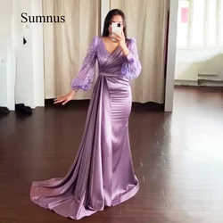 Sumnus Purple Satin Mermaid Evening Dresses Long Sleeve Side Slit Saudi Arabic Evening Prom Dress Long Dubai Formal Gowns