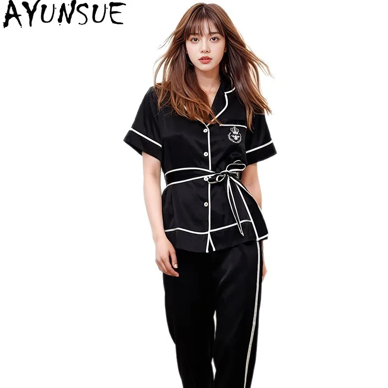 

AYUNSUE 19Mm 100% Real Silk Pajama Sets Summer Sleepwear Women Women's Home Clothes Short Sleeve Top Pants Two-piece Set Пижама