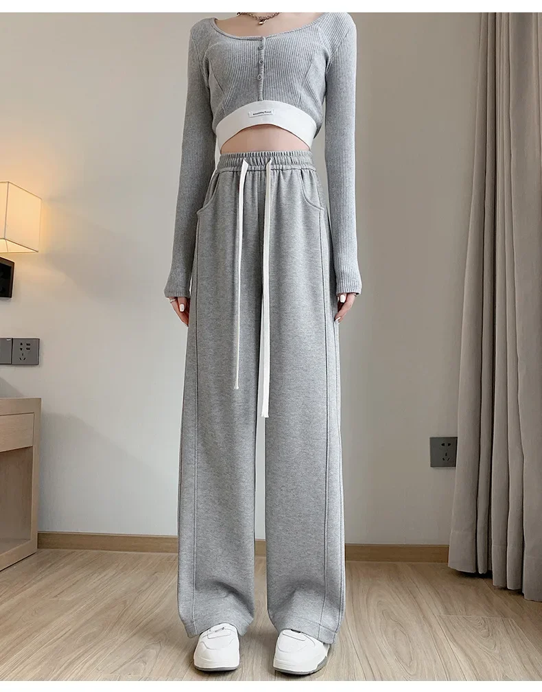 

New Solid Casual Pants Lady Concise Baggy High Waisted Daily Trousers Women Korean Drawstring Wide Leg Sweatpants