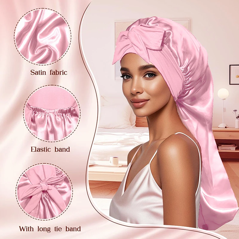 1pc Long Hair Anti-Tangle Satin Sleep Cap for Women Adjustable Silk Ribbon Tie Pink Hair Cover for Curls/Braids/Dreadlocks
