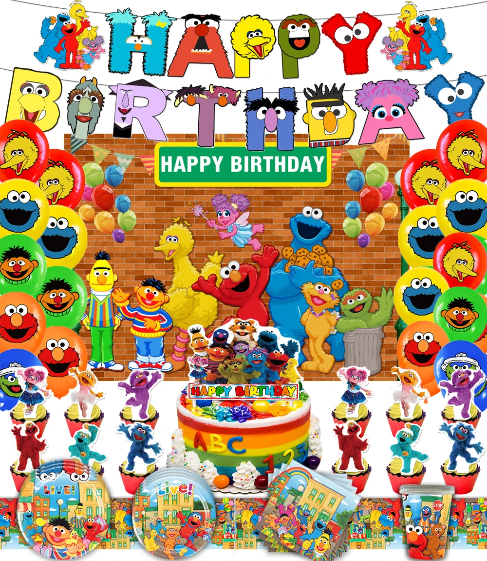 Cartoon Sesame Street Theme Kids Birthday Party Disposable Tableware Cake Topper Hanging Flag Balloon Baby Background Gift Decor