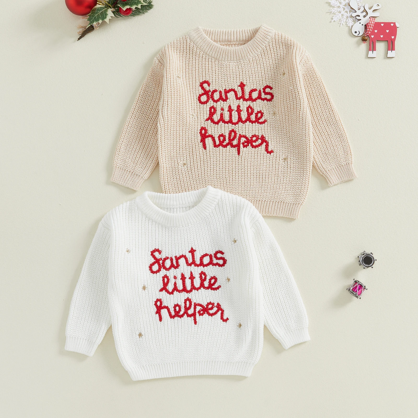 Baby Boy Girl Christmas Sweater Casual Letter Embroidery Warm Knitted Long Sleeves Pullover Infant Knitwear for Toddler