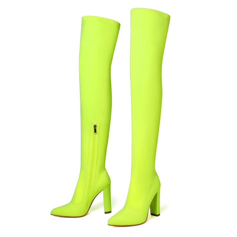 Sexy Block Heel Neon Yellow Stretch Lycra Thigh Sock Boots Woman Pointed Toe Over The Knee Elastic  Boots Slip On Slim Boots